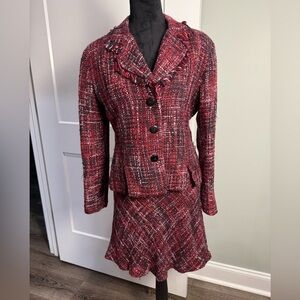 Giorgio fiorlini red pink black Tweed Jacket & Skirt Set fringe Y2K powersuit
